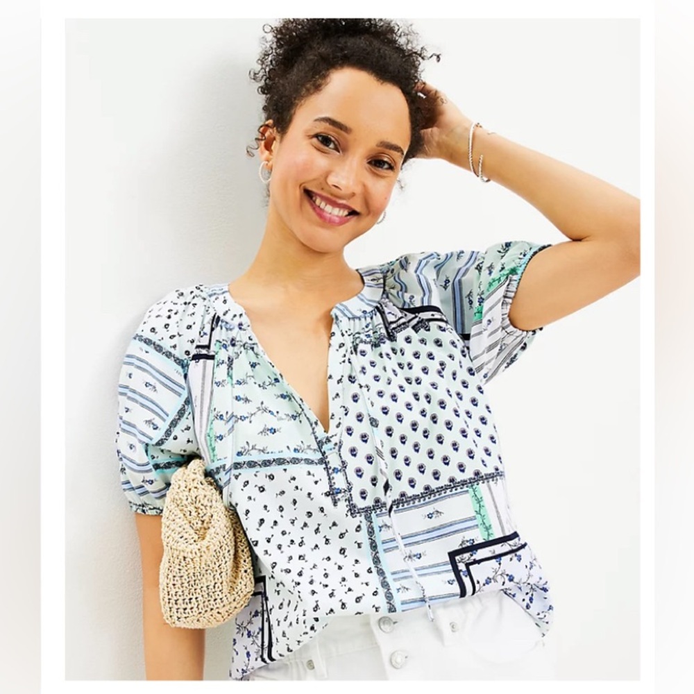 Loft Patchwork Tie Neck Puff Sleeve Top Sz XS Shirt ❤️🌞